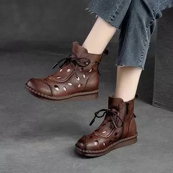 Женская обувь Johnature, летние сандалии из натуральной кожи, дышащие ботинки ручной работы на шнуровке с круглым носком в стиле ретро 35 чёрный