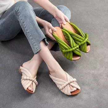 Женская обувь Johnature, модные шлепанцы из натуральной кожи на низком каблуке, дышащие уличные шлепанцы с открытым носком 35 бежевый