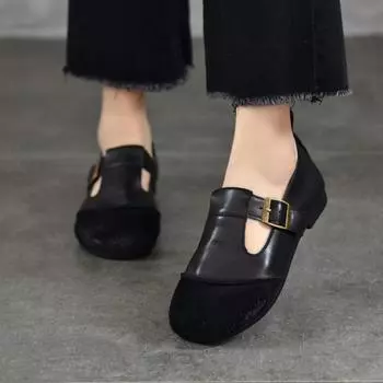 Женская обувь Johnature Retro Handmade из натуральной кожи, весна 2025, новые туфли на плоской подошве с круглым носком и мелкой мягкой подошвой 35 чёрный