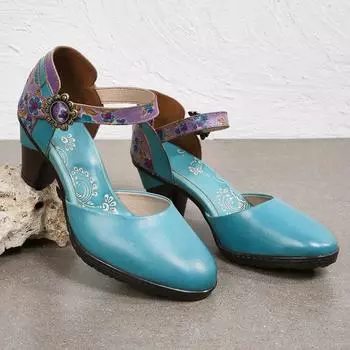 Женская обувь Johnature, сандалии из натуральной кожи, модные и элегантные туфли на высоком каблуке с тиснением в стиле ретро, расписанные вручную 36 небесно-голубой