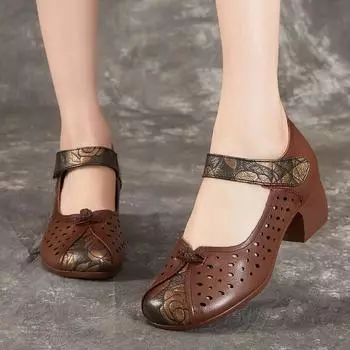 Женская обувь Johnature, туфли-лодочки в этническом стиле, дышащие сандалии из натуральной кожи на толстом каблуке и мягкой подошве 37 коричневый