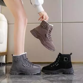 Женская обувь корейские зимние ботинки женские ботинки массивные зимние 2024 кожаные и меховые короткие черные туфли на платформе теплые высокого качества 35 коричневый