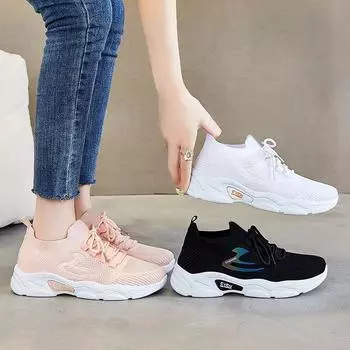 Женская обувь Летние повседневные кроссовки Модные кроссовки для бега Летающие тканые дышащие кроссовки Женские теннисные туфли на шнуровке с мягкой подошвой 36