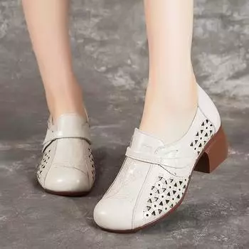 Женская обувь Летние туфли Cave Retro из коровьей кожи на толстом каблуке Мягкие сандалии Дышащая кожаная обувь 35 белый