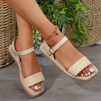 Женская обувь, летние, высокого качества, однотонные, модные, с открытым носком, на плоской подошве, с одной линией, пряжкой, ремешком, римские женские сандалии на низком каблуке 36