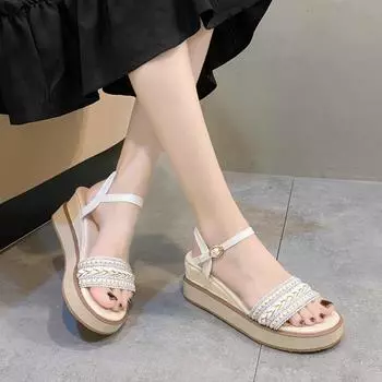 Женская обувь, летняя платформа, однотонные женские повседневные сандалии на танкетке с открытым носком и пряжкой, женские летние пляжные сандалии, обувь 35