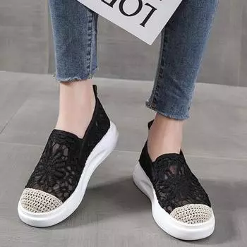 Женская обувь Летняя сетчатая кружевная женская повседневная обувь Кроссовки Дышащие полые плоские мокасины Slip-On Обувь для увеличения роста 35 хаки
