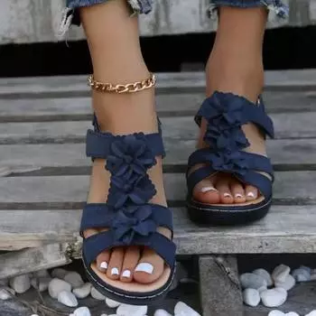 Женская обувь, лето 2023, модные сандалии с круглым носком и цветочным принтом, женские сандалии на танкетке, женские удобные сандалии в римском стиле 35 чёрный