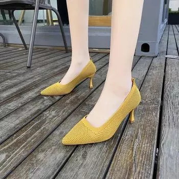Женская обувь, лето 2024, сетчатые дышащие женские туфли-лодочки, пикантные новые однотонные офисные женские туфли на высоком каблуке с острым носком 34 бежевый