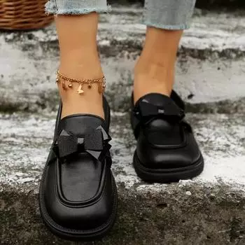 Женская обувь Лоферы Женские туфли на плоской подошве Для офиса и карьеры Женские туфли на плоской подошве с круглым носком Слипоны с цепочкой и галстуком-бабочкой Туфли больших размеров Для женщин 36