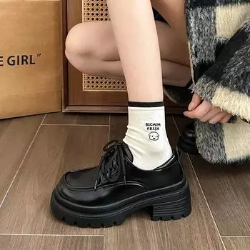 Женская обувь Лоферы Женские туфли на высоком каблуке Повседневные туфли-лодочки на платформе Женские туфли с круглым носком на среднем каблуке со шнуровкой Теплые женские туфли 35