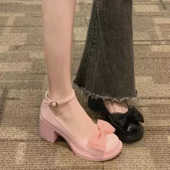 Женская обувь Мэри Джейн 2024 года, весна, новые однотонные туфли в британском стиле с бантом на толстом каблуке с круглым носком, модные милые маленькие кожаные туфли 35 бежевый