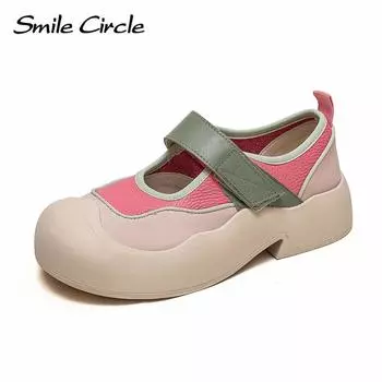 Женская обувь Мэри Джейн из натуральной кожи, туфли на плоской подошве с круглой головкой, красочные повседневные женские сандалии 35 розовый