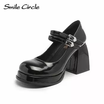 Женская обувь Мэри Джейн из натуральной кожи, удобные женские сандалии на толстой подошве с круглым носком на высоком каблуке 34 чёрный