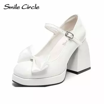 Женская обувь Мэри Джейн из натуральной кожи, женские сандалии на толстой подошве с квадратной головкой и тонким ремешком на высоком каблуке с бантом 34 белый