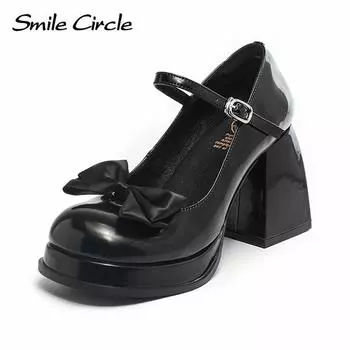 Женская обувь Мэри Джейн из натуральной кожи, женские сандалии на толстой подошве с круглым носком, на высоком каблуке с тонким ремешком и бантом 34 чёрный