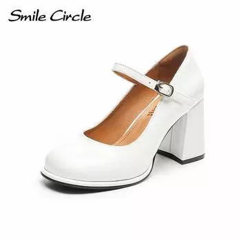 Женская обувь Мэри Джейн из натуральной кожи, удобные женские сандалии на высоком каблуке с круглым носком, яркие поверхностные женские сандалии на толстой подошве 34 белый