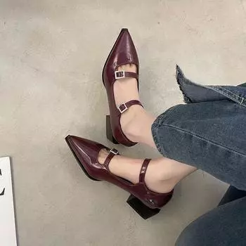 Женская обувь Мэри Джейн с острым носком, женская модная обувь на среднем каблуке, весенние женские кожаные туфли-лодочки с паритовым покрытием 34
