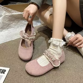 Женская обувь Мэри Джейн женские балетки милые повседневные балетки женские туфли с круглым носком шнуровка бисер кружево мягкая подошва женские 35 абрикосовый