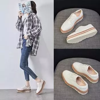 Женская обувь Matsuke, весенне-осенние кожаные туфли в британском стиле на толстой подошве, универсальная кожаная повседневная обувь 34 чёрный