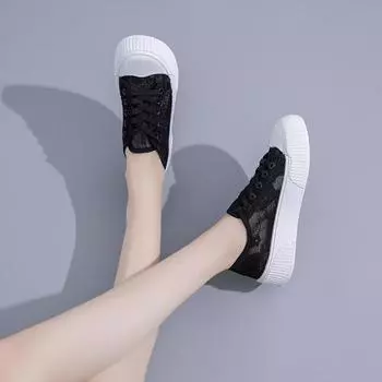 Женская обувь, модная летняя повседневная обувь, белые кроссовки с вырезами, кружевные парусиновые полые дышащие кроссовки на платформе, Tenis Feminino 35 чёрный