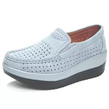 Женская обувь, модная повседневная обувь из мягкой кожи на танкетке, дышащая обувь на высоком каблуке, женская обувь без шнуровки 35 темно-синий