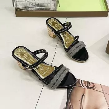 Женская обувь модные босоножки на очень высоком каблуке 2024 новый толстый каблук с модными стразами толстый каблук удобные тапочки 36 чёрный