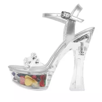 Женская обувь, модные босоножки на высоком каблуке для ночного клуба, со стразами и цветами, на массивном каблуке, серия 10365, каблук 14 см, платформа 4 см, LFD 34 чёрный