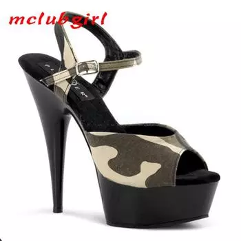 Женская обувь, модные камуфляжные босоножки на высоком каблуке для ночного клуба, танцевальные сандалии на тонком каблуке, каблук 15 см, платформа 5 см YKC 34 камуфляжный