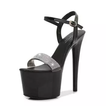 Женская обувь, модные однотонные сандалии на шпильке со стразами для ночного клуба, серия 181, каблук 17 см, платформа 7 см, LFD 34 чёрный