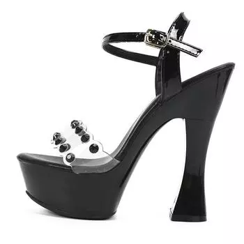 Женская обувь, модные сандалии на высоком каблуке с двойным дренажем и бриллиантами, однотонные сандалии на массивном каблуке, серия 10365, каблук 14 см, платформа 4 см, LFD 34 чёрный