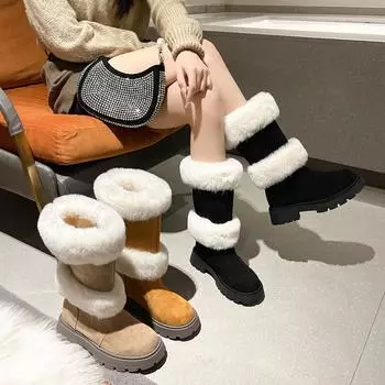 Женская обувь, модные теплые плюшевые зимние женские ботинки, качественные женские повседневные зимние ботинки с круглым носком, до середины икры 35 абрикосовый