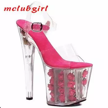 Женская обувь, модные туфли с дырявым носком, рыбий рот, кристаллы и цветы, туфли на тонком каблуке, модные танцевальные сандалии, каблук 20 см, платформа 10 см YKC 33 розовый