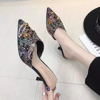 Женская обувь, модные весенне-летние сексуальные сандалии на тонком каблуке, среднем каблуке, остром носке, большие размеры и полудраги, расшитые блестками 34 разноцветный