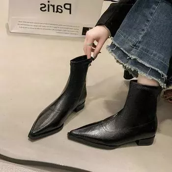 Женская обувь, модные женские ботинки на молнии, зимние, с острым носком, теплые, однотонные, короткие, с каблуком-бочкой, большого размера, ботинки Zapatos Mujer 35 чёрный