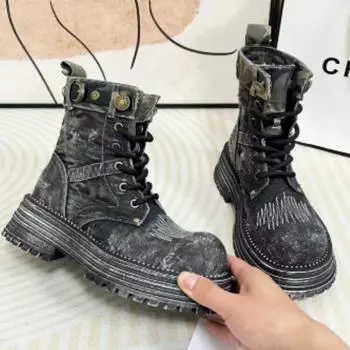 Женская обувь, модные женские ботинки на шнуровке, осенние ботинки в британском стиле с круглым носком, джинсовые, короткие, на платформе, с толстым каблуком, голые ботинки 35 чёрный