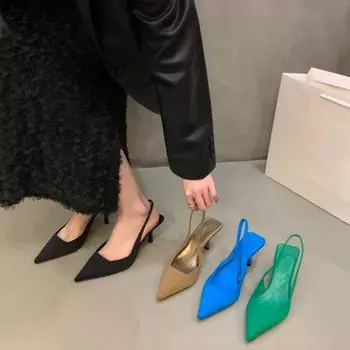 Женская обувь, модные женские летние слипоны на высоком каблуке, однотонные женские босоножки на каблуке с острым носком для офиса и карьеры 35 синий