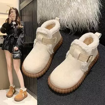 Женская обувь, модные женские сапоги с круглым носком, теплые, из плюша и флиса, короткие зимние сапоги на низком каблуке 35 коричневый