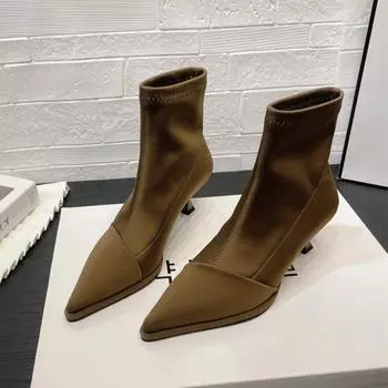 Женская обувь Модные женские сапоги с рукавами Зимние остроносые однотонные сексуальные платья Короткие бочонки на шпильках или тонких каблуках 35