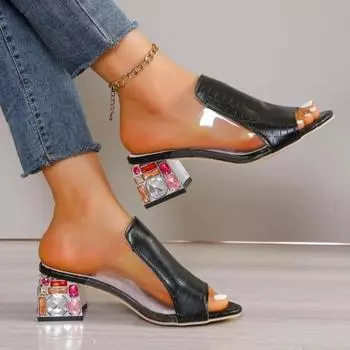 Женская обувь Модные женские тапочки с открытым носком Модные принтованные тапочки для женщин Летние туфли на каблуках больших размеров Женские туфли Zapatos 36