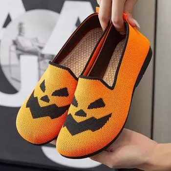 Женская обувь на Хэллоуин, милые неглубокие мокасины без застежек, мультяшные тыквы, женские балетки, сетчатая дышащая удобная повседневная обувь 2024 36 белый