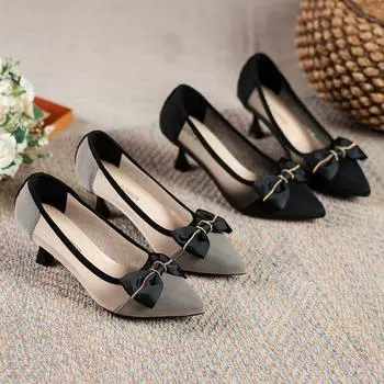 Женская обувь на каблуке, черные туфли, женская обувь на среднем каблуке, элегантная офисная женская обувь, женские туфли-лодочки, женские классические туфли-лодочки, модельные туфли с бантом 34 чёрный
