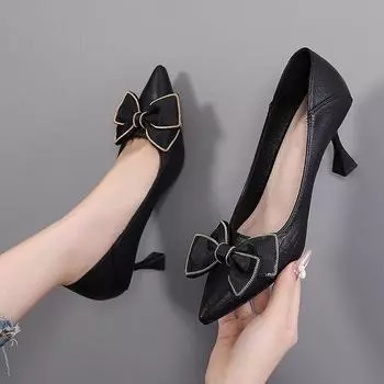 Женская обувь на каблуке, черные туфли, женская обувь на среднем каблуке, элегантная офисная женская обувь, женские туфли-лодочки, женские классические туфли-лодочки, модельные туфли с бантом 41