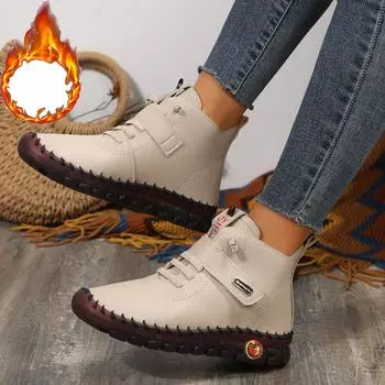 Женская обувь на кашемире, теплая обувь из хлопка с высоким берцем, зимняя обувь для мам с ручной вышивкой, теплые ботинки на мягкой подошве на плоской подошве 35 чёрный