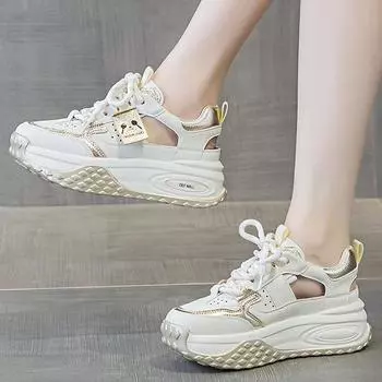 Женская обувь на открытом воздухе, классная обувь на платформе, клиновидная, открытая, новая, дышащая, для увеличения платформы, повседневная обувь на плоской подошве, спортивная обувь, женская обувь 34 золотой