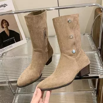 Женская обувь на открытом воздухе с боковой молнией 2024 года, горячая распродажа, однотонная модная обувь на осень-зиму с острым носком, толстая обувь для женщин 35