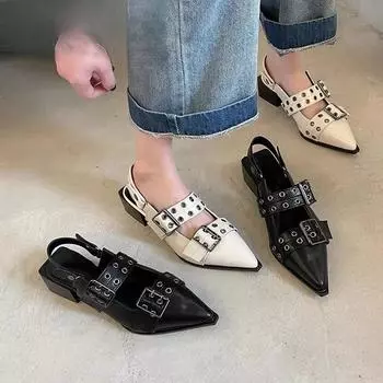 Женская обувь на плоской подошве 2024, дизайнерская роскошная модная женская обувь с пряжкой на плоской подошве, повседневные женские сандалии с острым носком и босоножками на плоской подошве 35 чёрный