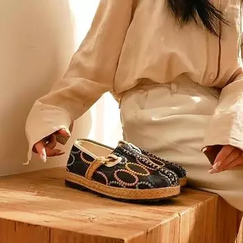 Женская обувь на плоской подошве, хлопково-льняная весенняя удобная женская обувь ручной работы с круглым носком и геометрическим рисунком, удобная женская обувь для отдыха 35 чёрный