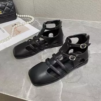 Женская обувь на плоской подошве, новые модные римские сандалии с квадратным пучком, дышащие римские сандалии на низком каблуке с молнией сзади 35 чёрный