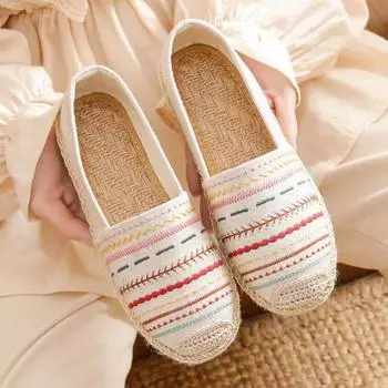 Женская обувь на плоской подошве Повседневная обувь из парусины Этнические полоски Мокасины без застежек Удобная прогулочная обувь 35 бежевый